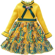 Зимнее платье с цветочным рисунком для девочек свитер принцессы с длинными рукавами для девочек на весну и осень шифоновое детское платье с пышной юбкой рождественские платья для От 2 до 8 лет девочек