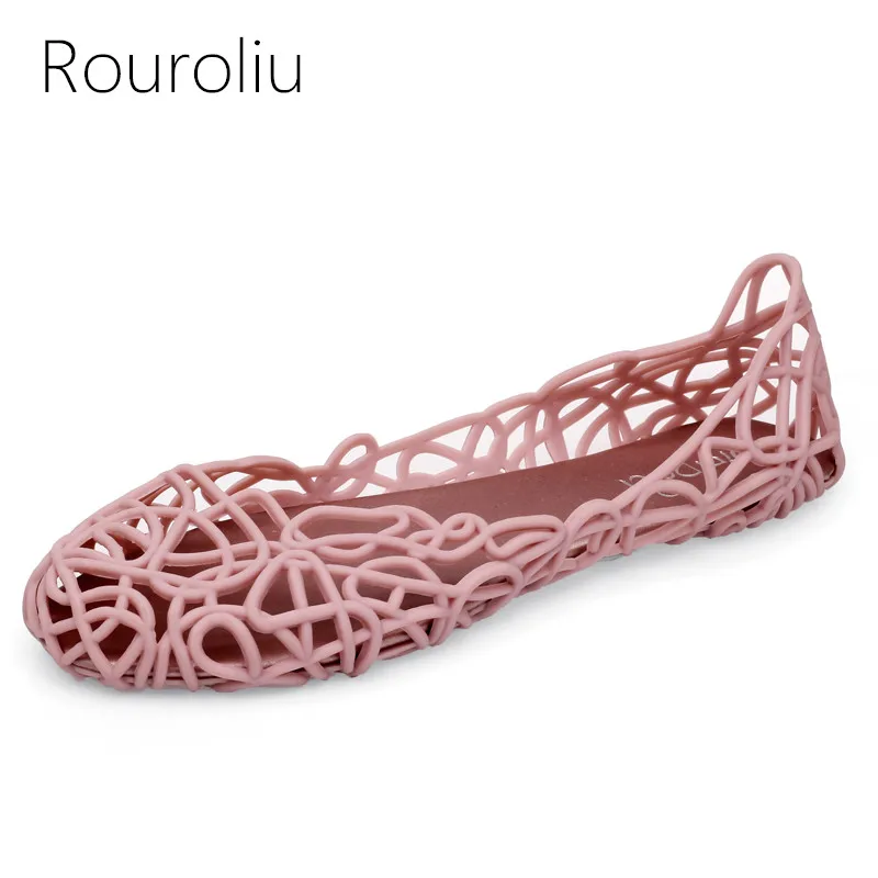 

Rouroliu Women Breathable Hollow Out Hole Shoes Summer New Fashion Comfortable Non-Slip Jelly Sandals Casual Flats Woman RB196