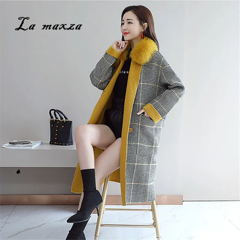 2020 Elegant Womens Wool Plaid Coats Winter Korean Style Fashion Vintage Long Double Breasted Coat | Женская одежда