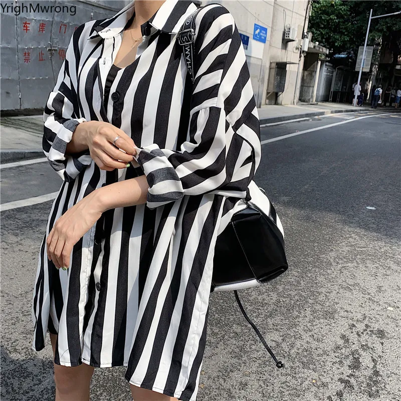 

Oversized Loose Striped Black White Block Long Sleeve Blouse Spring Autumn Summer Cardigan Shirt Korean Fashion Top Casual Blusa