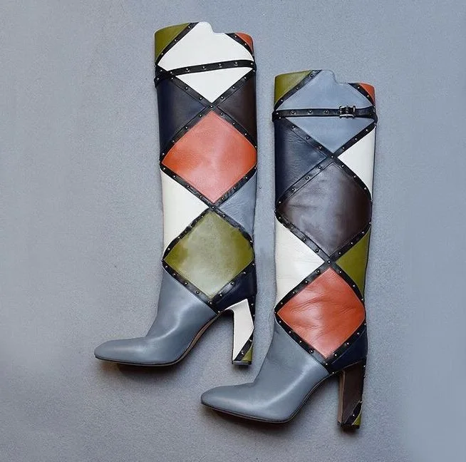 

Fashion Mixed Colors Knee-High Long Boots Women Metal Decorations Square Heels Shoes Large Size Customized Party Shoes