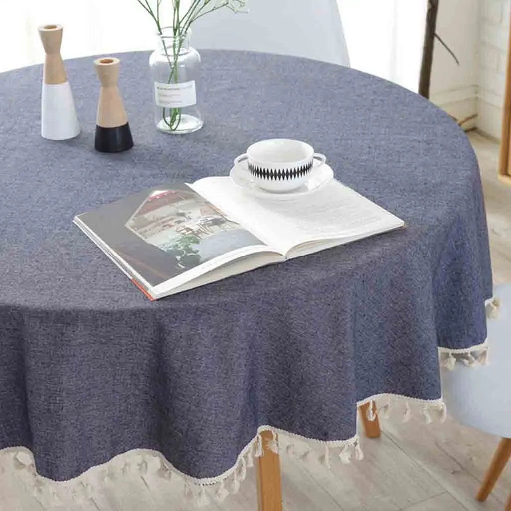  Japanese Simple Style Cotton Linen Round Solid Tablecloth With Tassel Dust Proof Table Cover for Ki