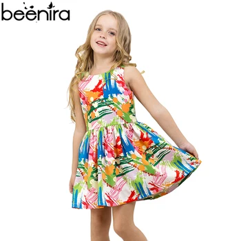 

BEENIRA Summer Girls Dress Childrens Abstract PrintCotton Graffiti Draped Costume Kids Vest Style Clothing for Party 2017
