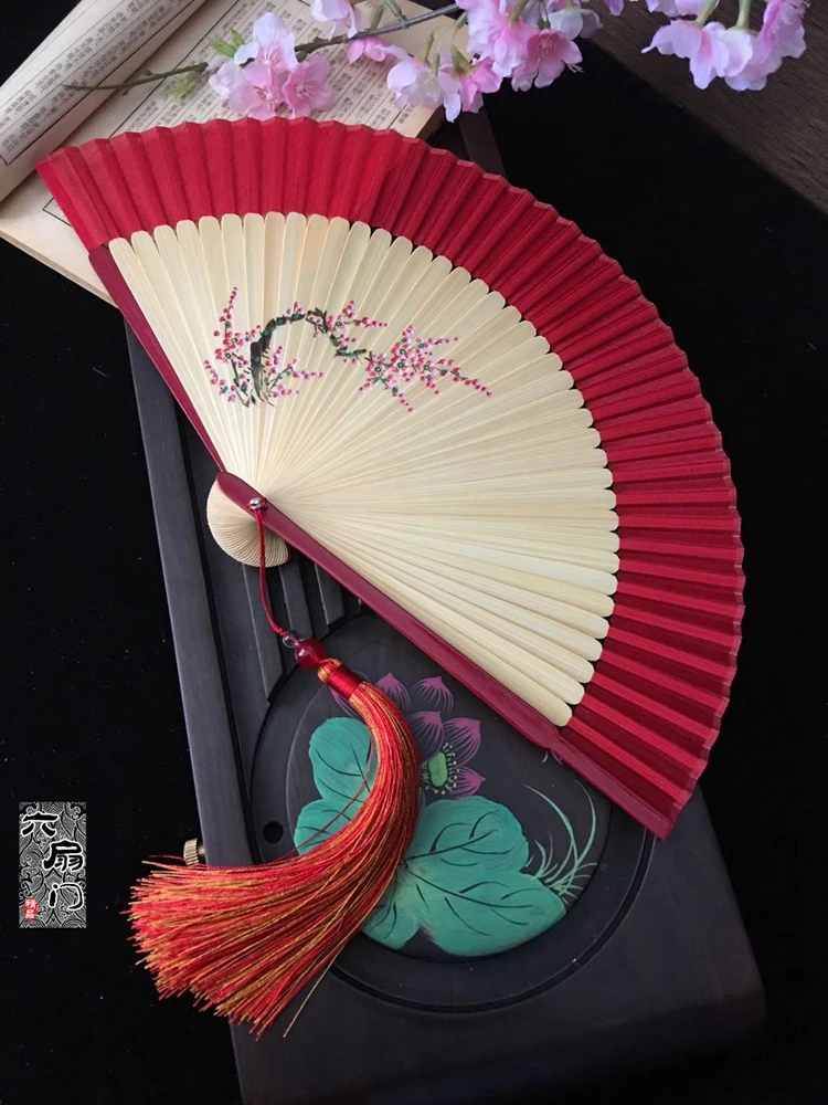 Китайский стиль древний японский Эдо веер для кимоно большой красный шелк ручная роспись цветок сливы с небольшой складной веер украшения ремесла