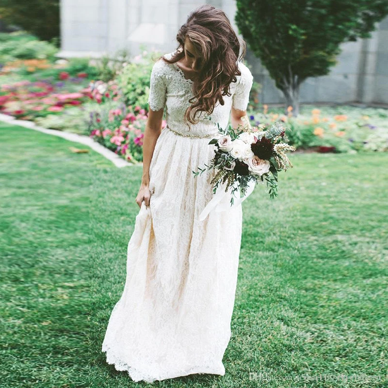 

Lace Boho Wedding Dress Short Sleeve Scoop A Line Beach Bride Dress Custom Made Princess Wedding Gown 2019