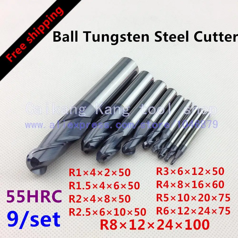 

Free shipping 9/set Cutting Hardness: 55HRC Ball tungsten steel cutter CNC milling Cutter R1/1.5/2/2.5/3/4/5/6/8