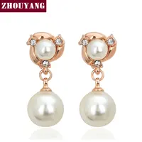 ZHOUYANG, высокое качество, серьги-гвоздики с двумя искусственными жемчужинами цвета розового золота, серьги с настоящими Австрийскими кристаллами E081 E082 - изображение