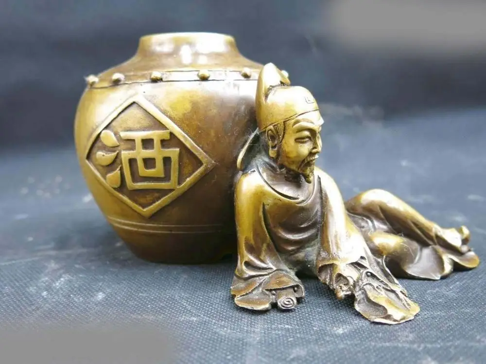 

DS China pure brass copper carved wine jar court poet LI bai Sculpture Statue