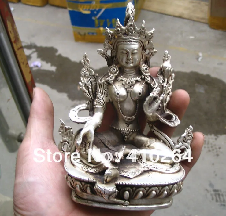 

0116P $old craft$ Fast shipping Elegant oblation Hight 15CM Green Tara Buddha silver statue (A0314)