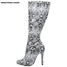 Новинка; брендовые сапоги до колена со змеиным узором; женские туфли-лодочки; пикантные ботфорты на высоком каблуке-шпильке; женская обувь; большие размеры