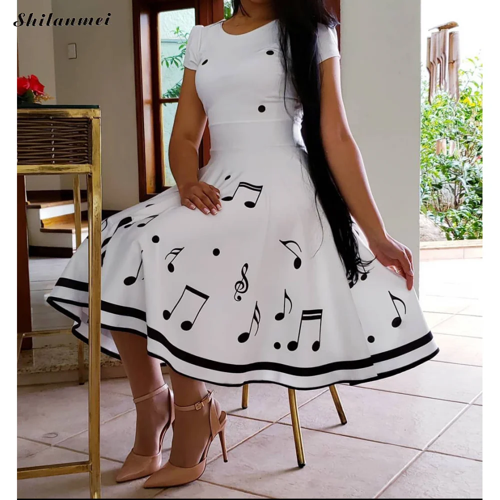 

Women Summer Dress Music Note Printing Casual Dress Short Sleeve Vintage Office White Dress O-Neck Swing Dresses Vestidos