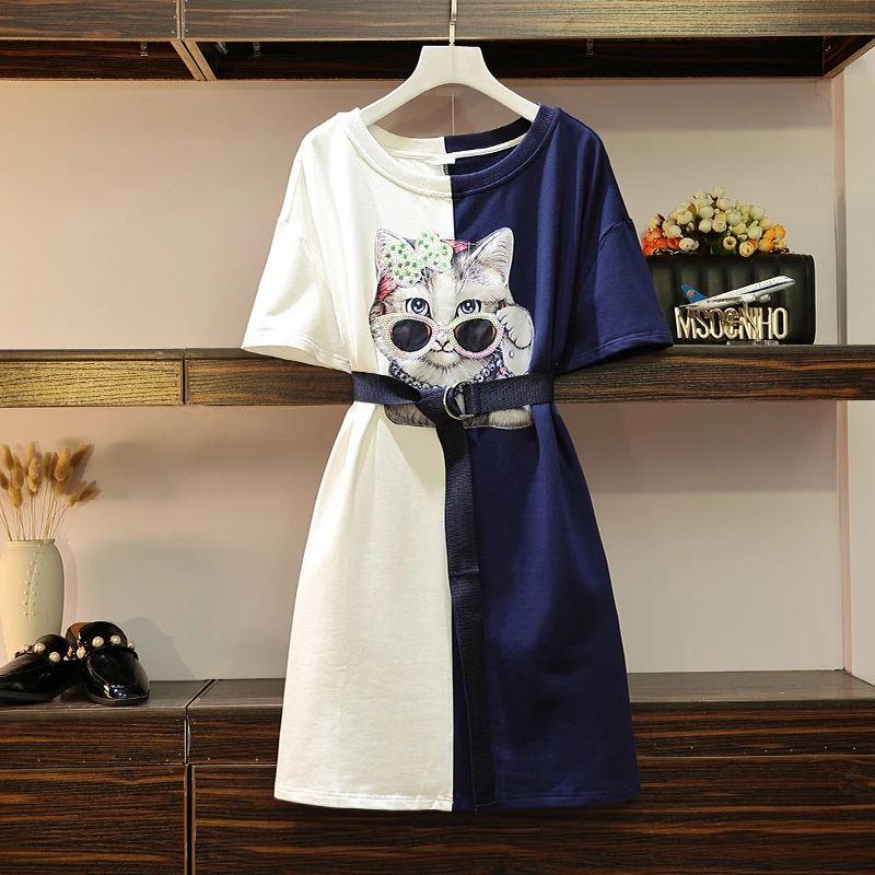 

5XL Summer Clothing Women Dress Large Size Patchwork Hit Color Blue And White Casual Sequined Glasses Cat Cartoon Dress Short