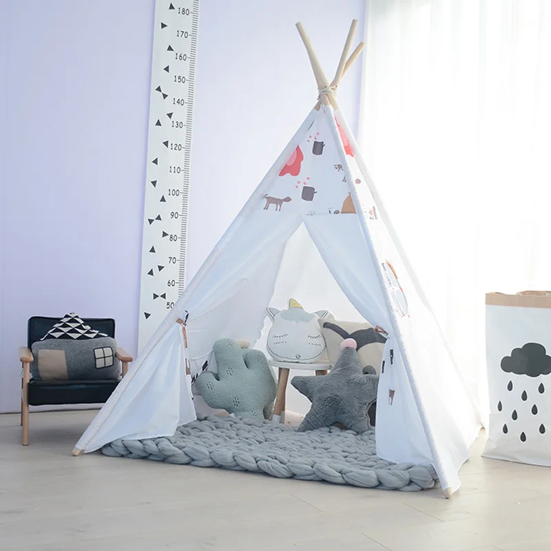 

Cotton Crepe Kids Teepee Tent Baby Tipi Children Room Wigwam Game Play House Girl Boy Toys for Child Products 4 Poles Photo