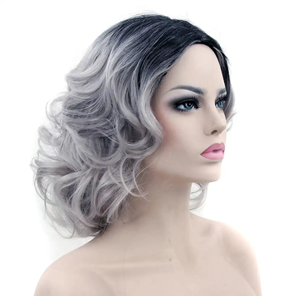Soowee Short Curly Women Wig Synthetic Hair Black To Gray Cosplay