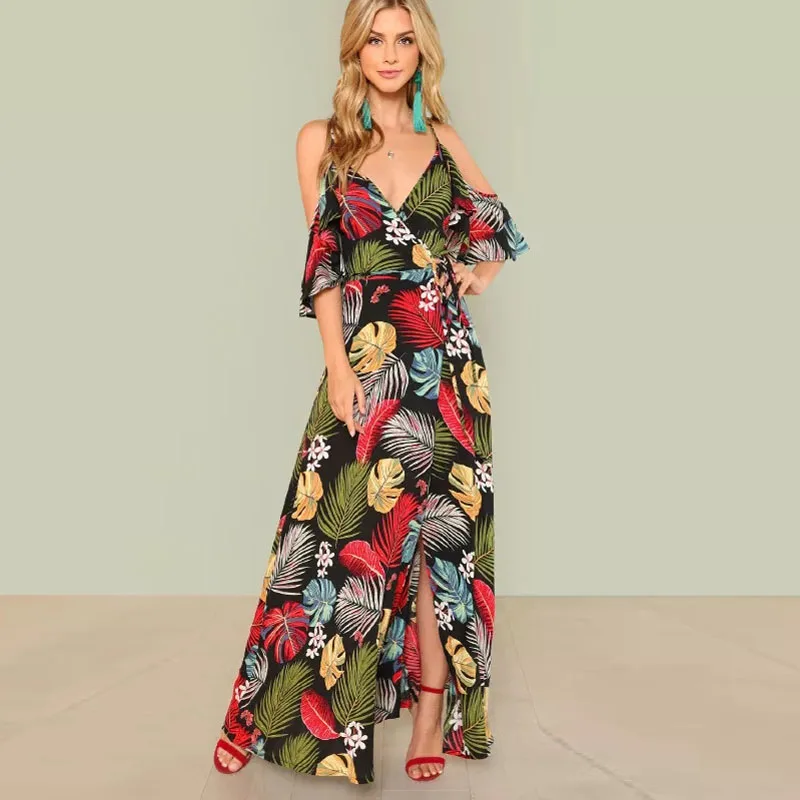 

Summer Style Vintage Women Boho Dress Sexy V-Neck Off Shoulder Spaghetti Strap Leaf Print Split Long Maxi Beach Dress DG343