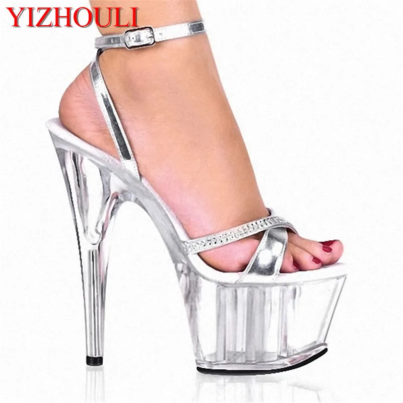 

Transparent Crystal Noble Rhinestone Princess Dinner Formal Dress 15cm High-Heeled Shoes 6 Inch Silver Sexy All-Match Sandals