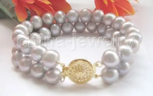 

2row 8" 10mm gray round freshwater pearl bracelet-GP clasp Noble style Natural Fine jewe Fast (D) SHIPPING