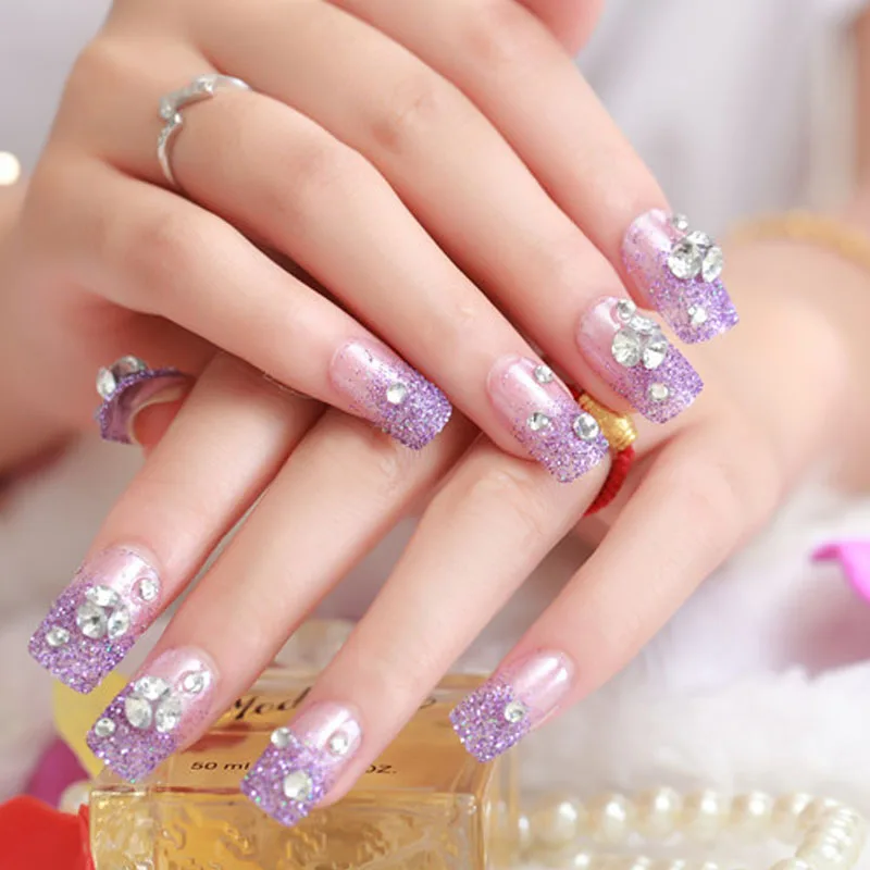 

Purple Color Shining Rhinestone Wedding Bride Fake Nail 3D Glitter Party Artificial Nails With Glue New Design Nail Art Tips