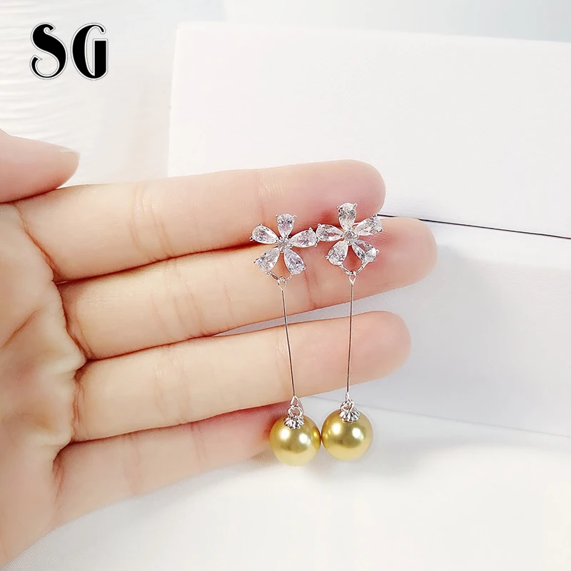

SG New Trendy 100% 925 Sterling Silver Gold Color ball & Flower Long Drop earrings with CZ for 2019 Women Fashion Jewelry