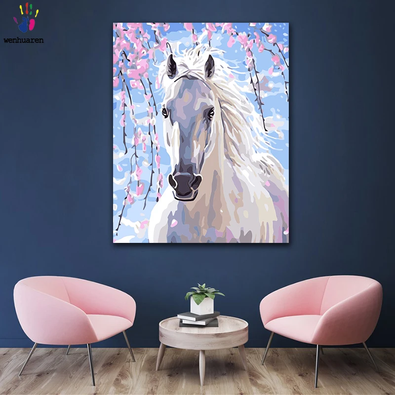 

DIY Coloring paint by numbers White horse under the flower tree figure paintings by numbers with kits 40x50 framed