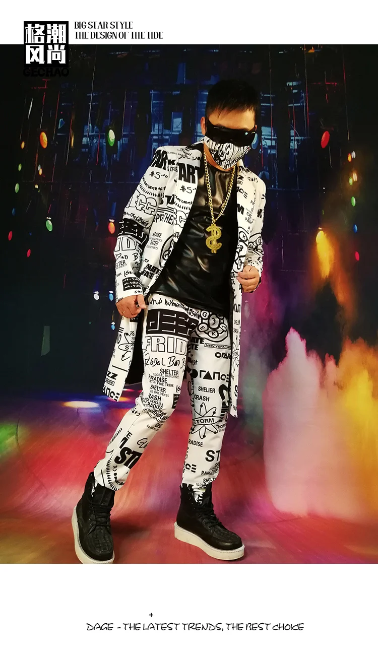 Костюмы на заказ, мужские Модные повседневные длинные блейзеры в стиле хип-хоп с граффити, мужские вечерние костюмы для выступлений певицы диджея