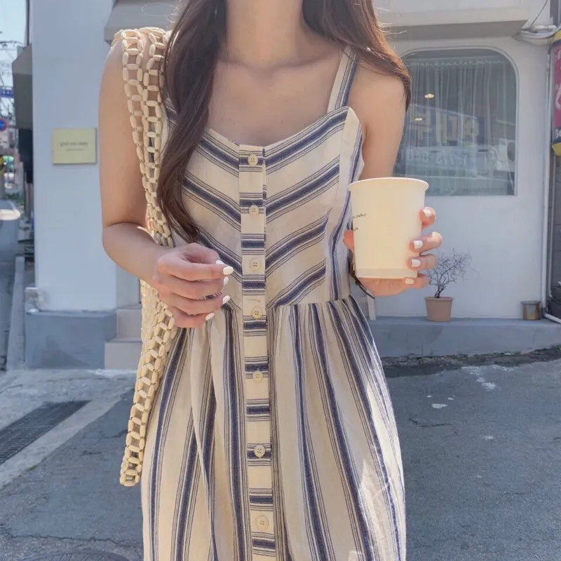 

Women Summer Long Striped Shirt Dress Spaghetti Strap Vestidos Sleeveless Robe Longue Femme Ete Vintage Sukienki Jurk Sundress