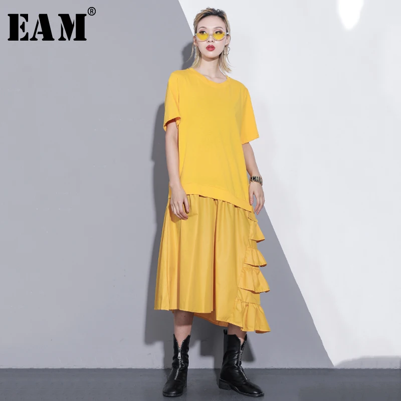 

[EAM] 2019 New Spring Summer Round Neck Short Sleeve Black Hem Layer Sittch Irregular Cake Dress Women Fashion Tide JQ734
