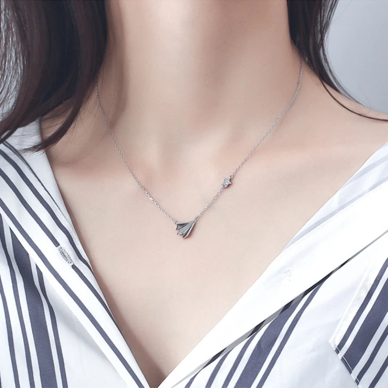 Childhood Paper Plane Simple Student Clavicle Chain 925 Sterling Silver Temperament Personality Female Necklace SNE151 - Image 4