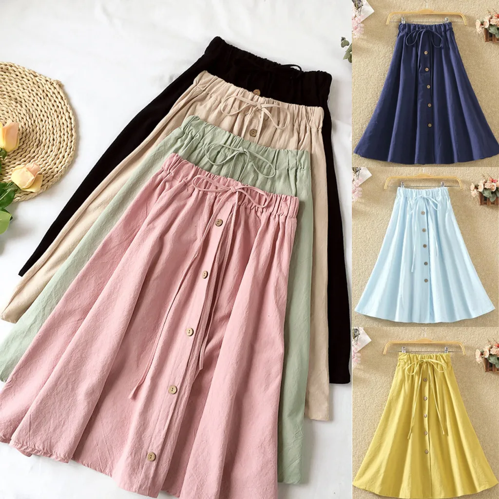 

Fashsiualy summer skirts Women midi skirt Elastic Natural Waist Loose Cotton Solid pleated skirt Elegant Casual Female Skirts