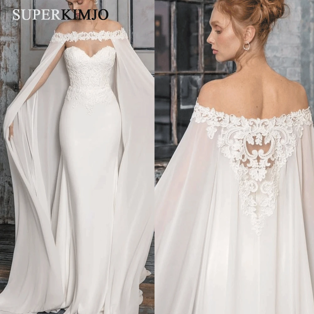 

SuperKimJo Robe Soiree Dubai 2020 Lace Applique Elegant Evening Dresses Long Chiffon Ivory Off the Shoulder Cape Evening Gown