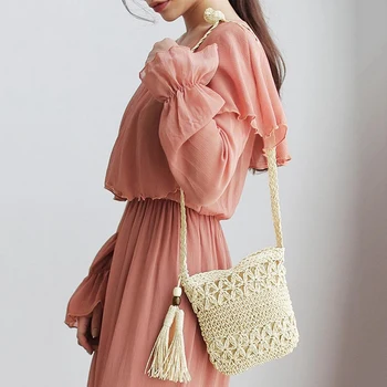 

BEAU-Women Messenger Bags Hollow Out Woven Single Shoulder Crossbody Tassel Beach Casual Straw Bag For Women Girl Bags