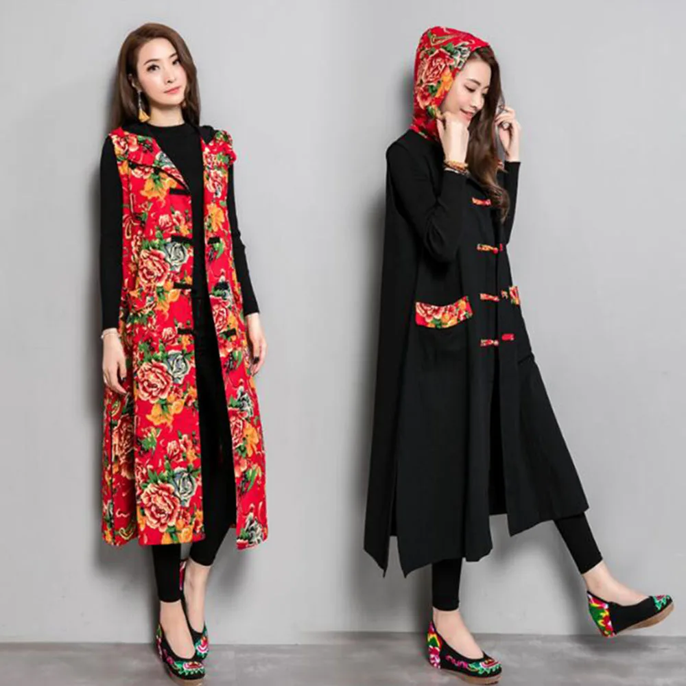 Lady Chinese style Vintage Vest Coat Women Loose sleeveless Outerwear Flower embroidery Female Long Jackets elegant Vest