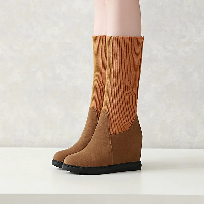 

Chinese casual style round head nubuck mid calf boots wool stretch black yellow increasing high heel women's motorcycle boots