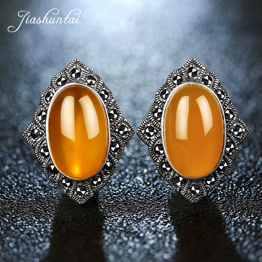 

JIASHUNTAI Retro Real 925 Sterling Silver Clip Earrings For Women Vintage Natural Yellow Stones Thai Silver Earring Jewelry