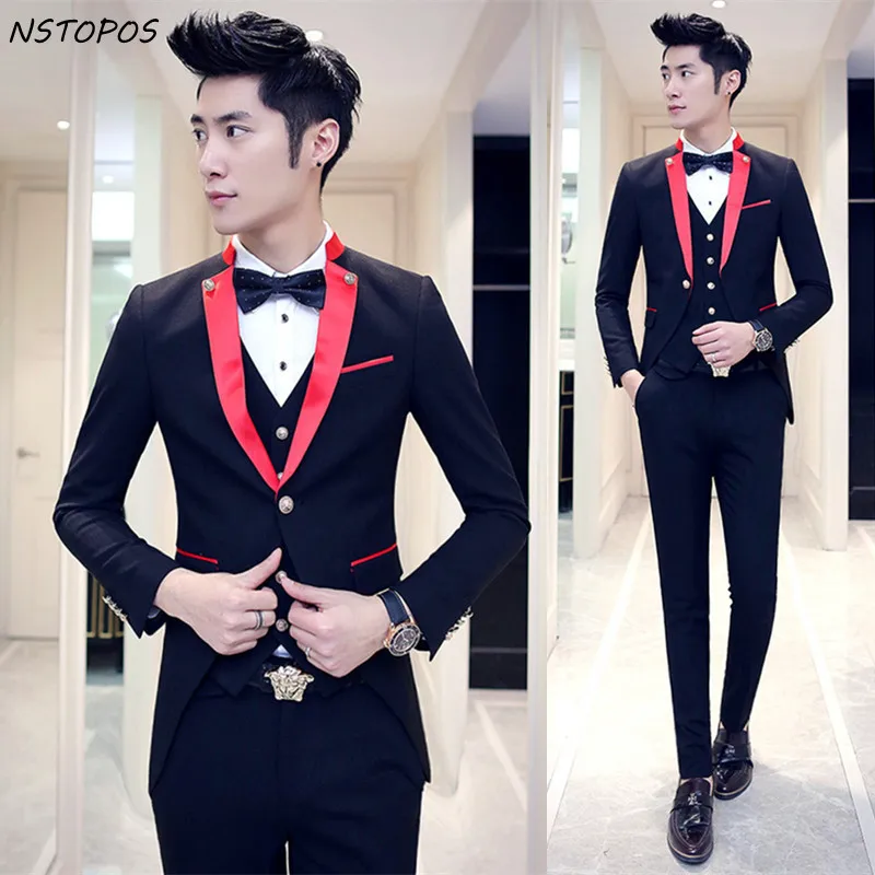 

Red Black Tuxedo Wedding Suits For Men 2016 Lastest Prom Suit Costume Marriage Homme Contrast Collar Red White Black 3pcs