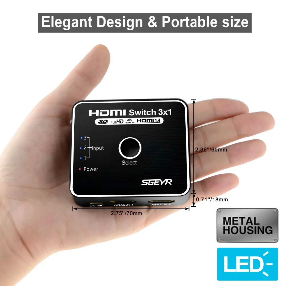 HDMI коммутатор 4K с дистанционным 3 портами 3x1 ручной Коммутатор Концентратор