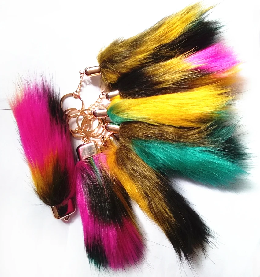 

12pcs New Brown Pink Green Series Cylindrical Tail Design Car Key Ring Long Fake Fur Brand Bag Chain Personality Hang Keychains