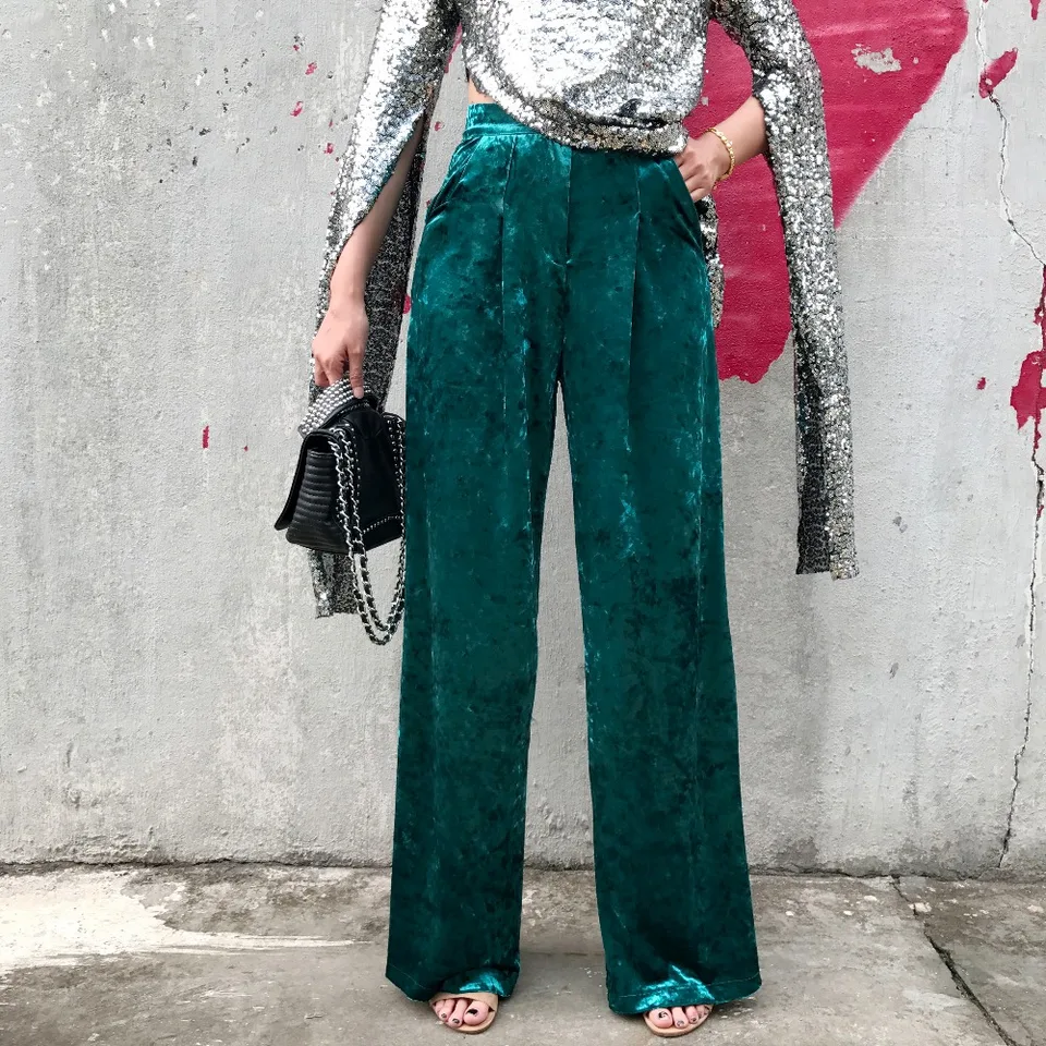 green velvet wide leg pants