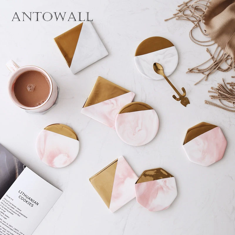 

ANTOWALL Nordic Style Ceramic Marble Gold-Plated Coasters, Marbling Insulation Mat Anti Scalding Tea Cup Pink Pad