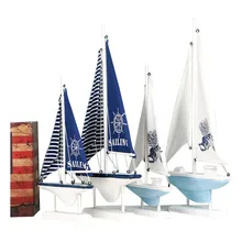 Home Decor Wood White Sailboat Figurines Mediterrean Style Wooden Stripe Ship Home Office Desktop Miniature Marine Sailing Boats