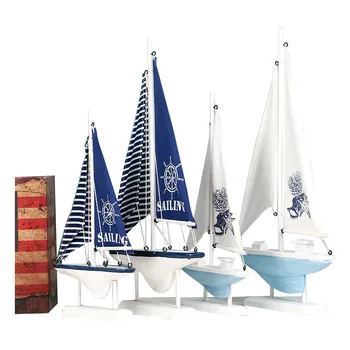 

Home Decor Wood White Sailboat Figurines Mediterrean Style Wooden Stripe Ship Home Office Desktop Miniature Marine Sailing Boats