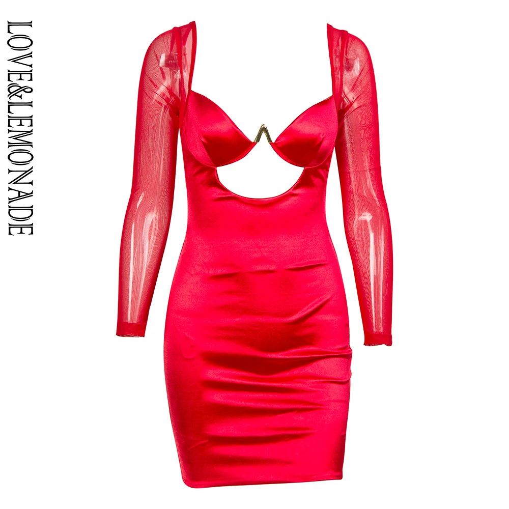 LOVE&LEMONADE Sexy Deep Red Cut Out Mesh Long Sleeve Bodycon Party Dress LM90035