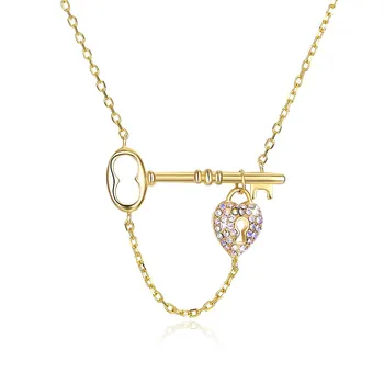 

Exquisite Women 925 Sterling Silver Necklaces Luxury Golden Key Lock Crystals Pendant Necklaces for Lady Love Gift Party
