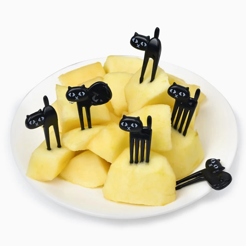 

6pcs/set Black Cat Fruit Forks Snack Dessert Forks PP Plastic Food Pick Fork Sign Bento Accessories Kitchen Utensils