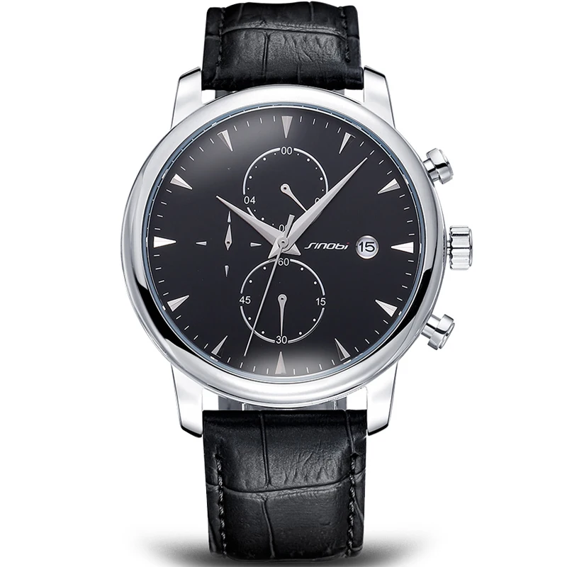 SINOBI Chronograph Men Watches Black Genuine Leather Luxury Brand Watch for Men Business Watches font b