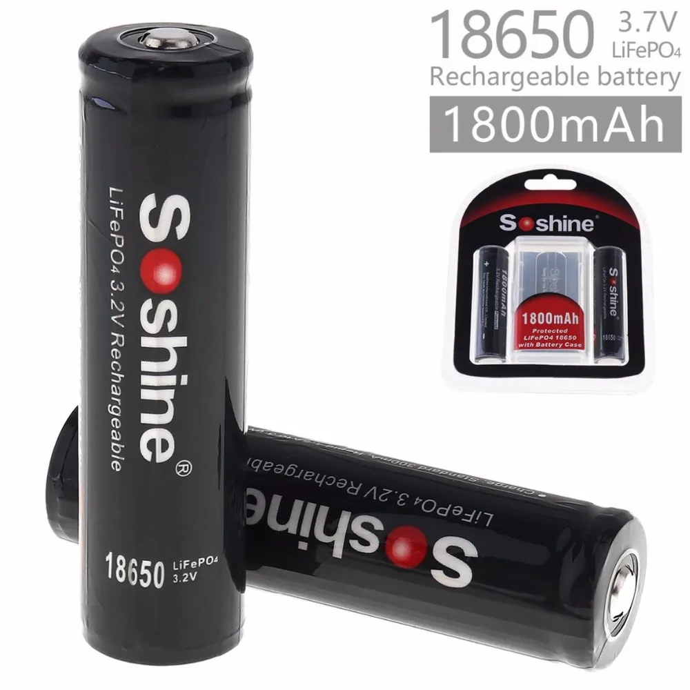 2 шт Soshine 3,2 V Перезаряжаемый 18650 LifePO4 батарейный элемент 1800mAH Защищенный положительный ниппель для Led Фонарь налобный фонарь велосипедный светильник