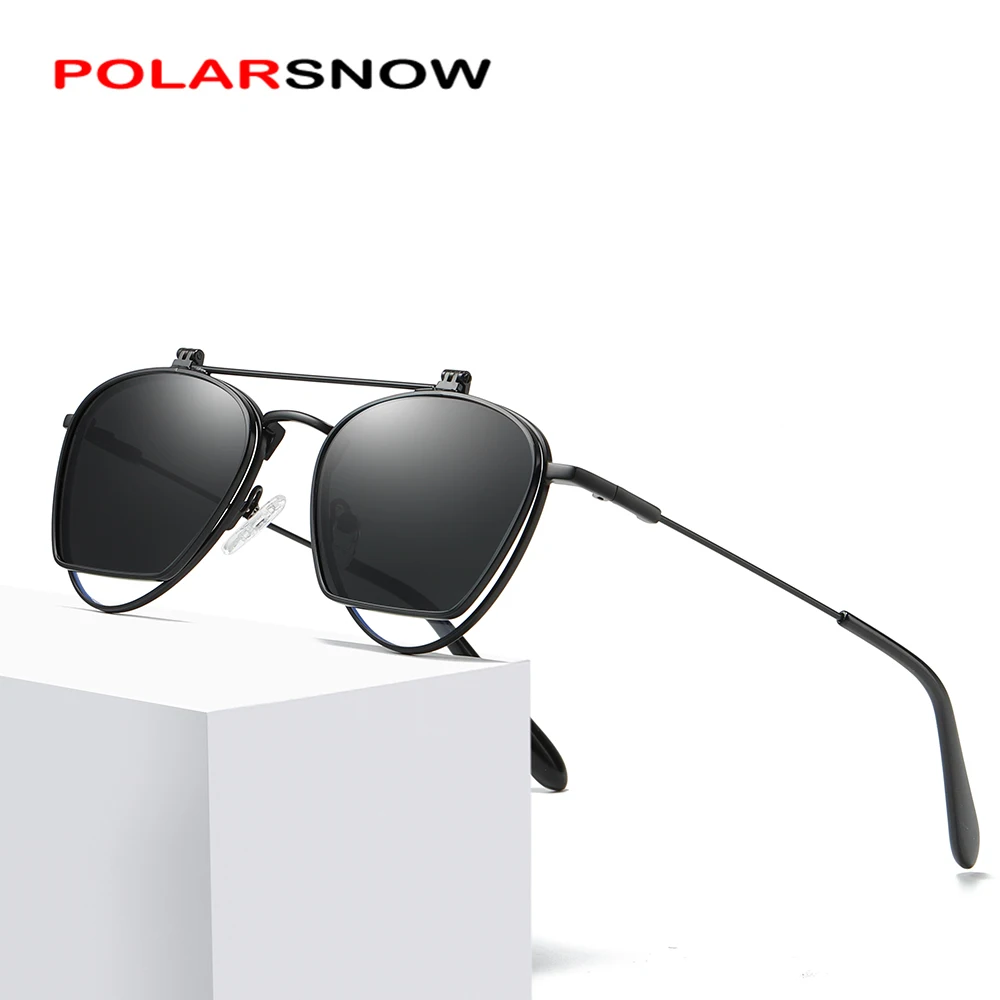 

POLARSNOW Brand Flip Lens Cover Sunglasses Men Women Designer Brand Luxury Metal pilot Sun glasses For Male Female UV400 2019