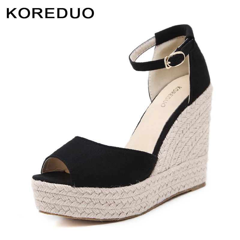

KOREDUO Women Ankle Strap Open Toe Wedge Sandals 2018 Summer Flock Platform Wedges Fashion High heels Women Platform Sandals mw