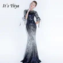 Это YiiYa вечернее платье Блестящие Блестки контрастные цвета Круглый вырез бант Труба Длина до пола Вечерние платья LX1313 robe de soiree