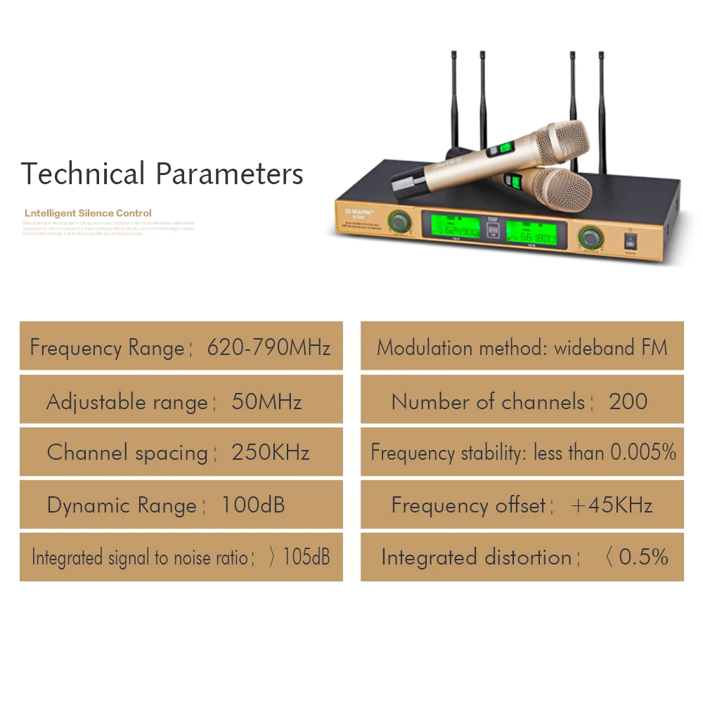 G-MARK G520 Беспроводная микрофонная система, двухканальный приемник, расстояние 150 м, 2 ручных микрофона, инфракрасный автоматический Частотный диапазон